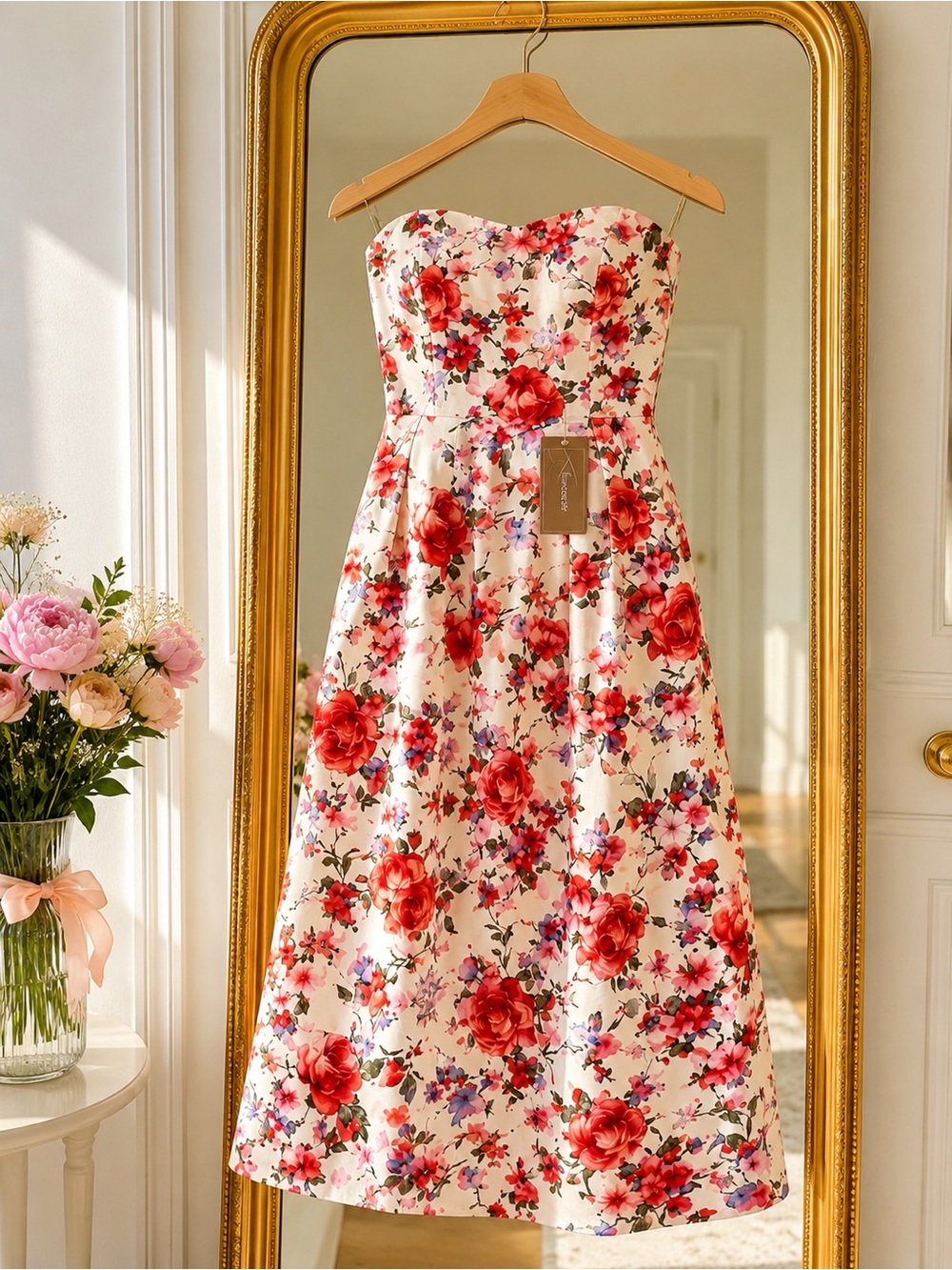Francesca's Collections Strapless White Midi Dress with Pink Floral Print - Picture 3 of 5